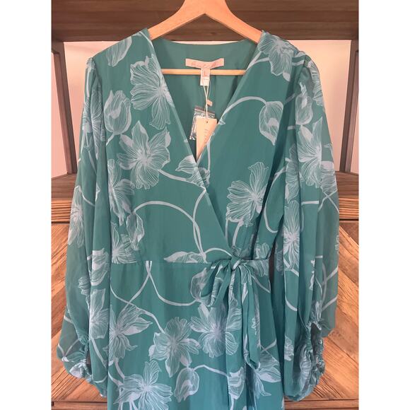 New Hutch Robyn Wrap Dress Long Sleeve V-neck Midi Teal and White Floral Large - Picture 5 of 12